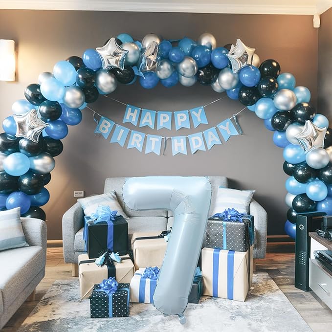 7th Birthday Balloons for Boys, 40'' Foil Self Inflating Light Baby Blue Number 7 Balloon, Pastel Dusty Sky Blue Large Helium Mylar 7 Balloon Number for Kid Birthday Party Decor Anniversary Decoration