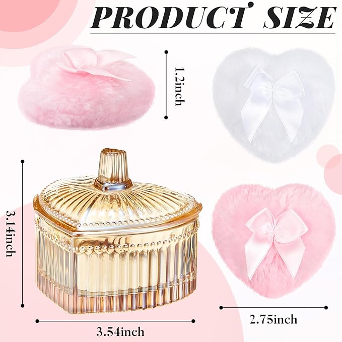 Tioncy 3 Pcs Large Body Powder Puff and Container Powder Container with Puff Crystal Case Soft Washable Reusable Velour Face Body Glitter Wet Dry Makeup(Heart,Amber)