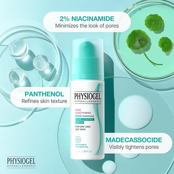 Physiogel Red Soothing CICA Balance Pore-Control Serum, Niacinamide Facial Exfoliant for Blackheads, Pore Minimizer Serum for Face, Korean skin care, 1.69 fl.oz
