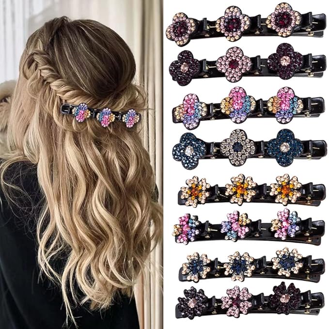 Sparkling Crystal Stone Braided Hair Clover Clips for Thick Thin Hair, Girls/Women Hair Accessories for Styling Sectioning, Large, 8 Pcs