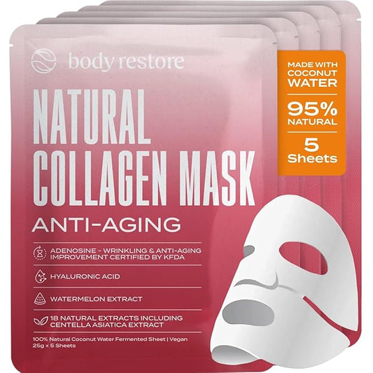 Body Restore Natural Collagen Face Mask 5 Pack – Korean Skin Care Mask with Fermented Coconut Water, Christmas Stocking Stuffers, White Elephant, Birthday Gifts for Women & Men, Dry Skin - Anti-Aging