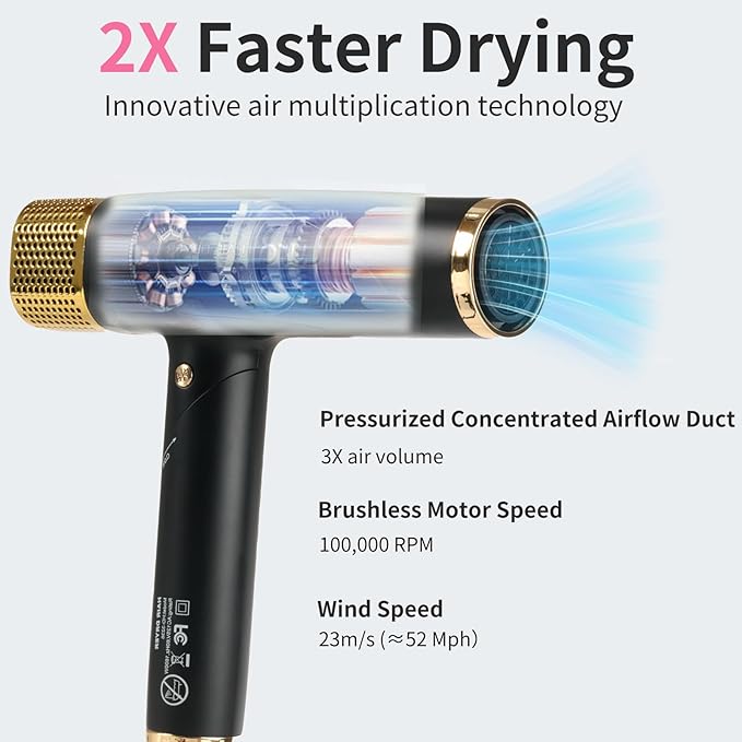 Portable Hair Dryer, 110,000 RPM Diffuser Hair Dryer, 400M Negative Ion, 6.5ft Cord, 4 Heat Settings & 3 Speed, Ionic Hairdryer with Concentrator Nozzle Diffuser for Curly Hair, for Women Men, Black