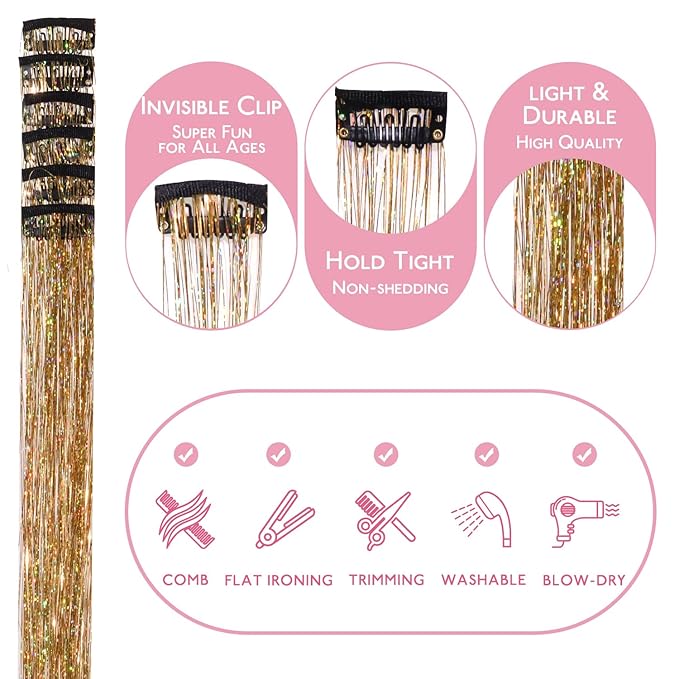 WENNALIFE Hair Tinsel Clip In for Girls Gold, 6pcs 24 inch Clips Tinsel Hair Extensions Clip in Colorful Glitter Clips Sparkle Fairy for Kids