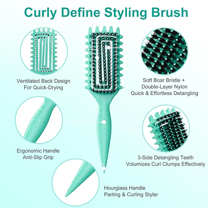 2-Pack Curly Hair Brush, Curl Defining Brush with Soft Boar Bristles Detangling Tangled Glides,Wide-Teeth Design Effortlessly Shaping & Defining Curls,Curling Definer for Wet & Dry Hair (Green Purple)
