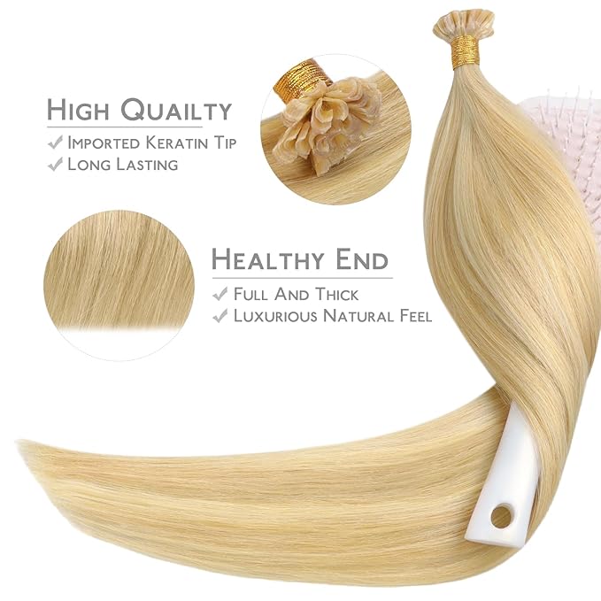 WENNALIFE U Tip Hair Extensions Human Hair, 50g 50s 16 Inch Light Blonde Highlighted Golden Blonde Remy Hair Extensions K Tip Hair Extension Real Human Hair Invisible Straight Keratin Hair Extensions