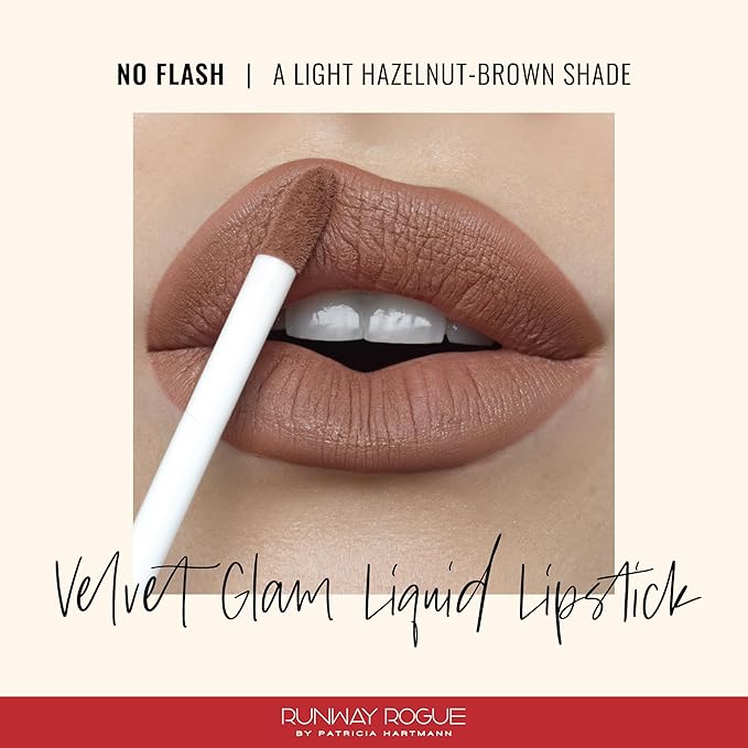 Runway Rogue Velvet Glam Liquid Lipstick, Almost-Matte Light Hazelnut-Brown Lipstick, ‘No Flash’