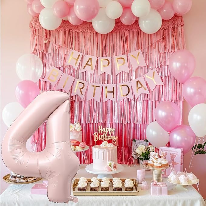 40 Inch Pastel Pink Number Balloon 4, Large Self Inflating Retro Dusty Pink Foil 4 Number Balloons 0-9, Digital 4 Helium Balloons Set for Girls 4th Birthday Boho Women Anniversary Party Decorations