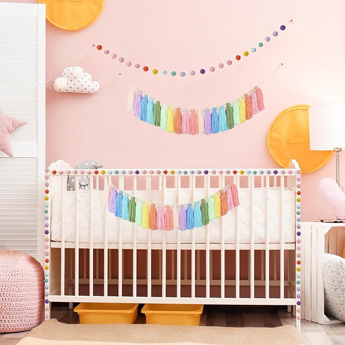 2pcs Boho Tassel Garland,Pom Pom Tassel,6.5 Feet Long 20 Balls Ball Garland,Colorful Wall Hanging Party Decorative Banner Pastel,Home Decoration Wedding Birthday Baby Shower