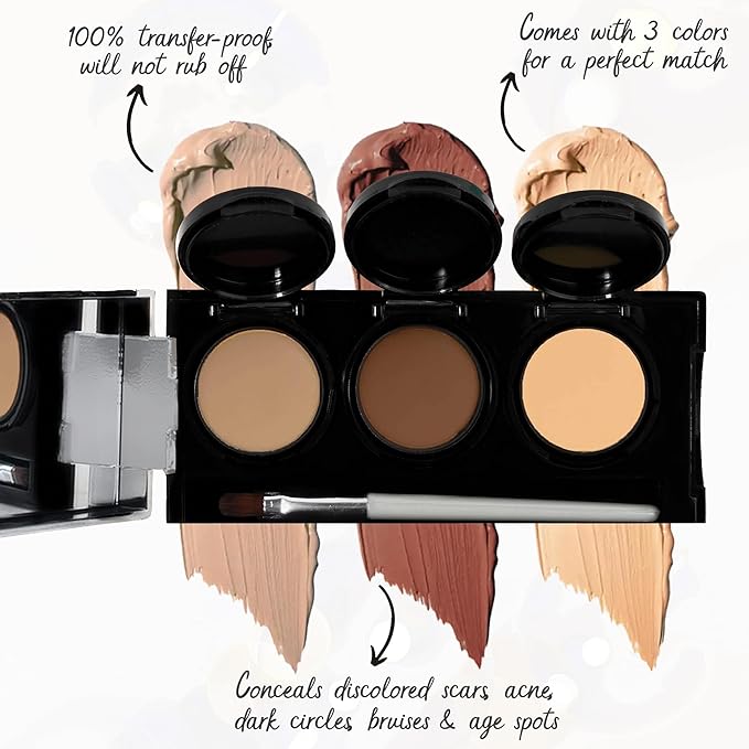 Full Coverage Concealer Palette, Waterproof Concealer Cream, 3 Colors + Brush, by Dermaflage