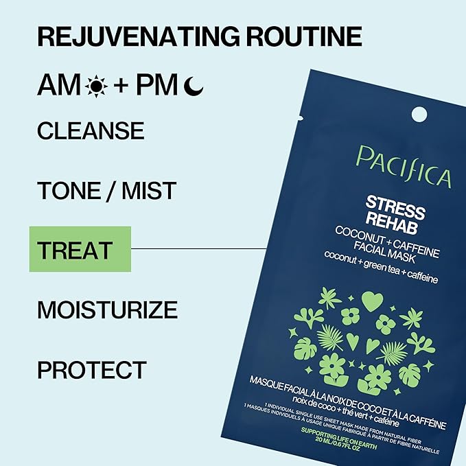 Pacifica Sheet Mask - Skin Rehab Coconut & Caffeine Facial Mask - Sheet Mask for Redness & Puffiness, Infused w/Green Tea, Turmeric & Hyaluronic Acid, Vegan & Cruelty-Free Skincare
