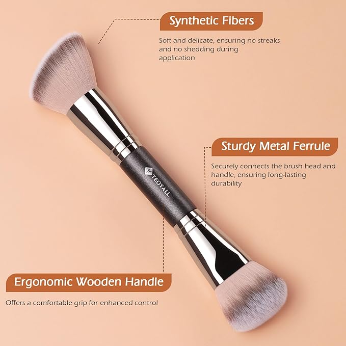 TEOYALL Dual-Ended Foundation Blending Brush, Flat Angled Kabuki and Domed Cheek Synthetic Bristles for Liquid Cream Powder
