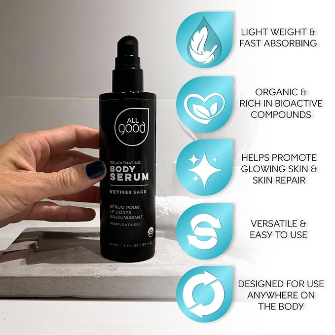 All Good Rejuvenating Body Serum for Men & Women - Calendula, Moringa, Sea Buckthorn & Essential Oils - Lightweight, Moisturizer & Replenishing Serum - Made in USA - 3oz (Clary Sage & Vetiver)