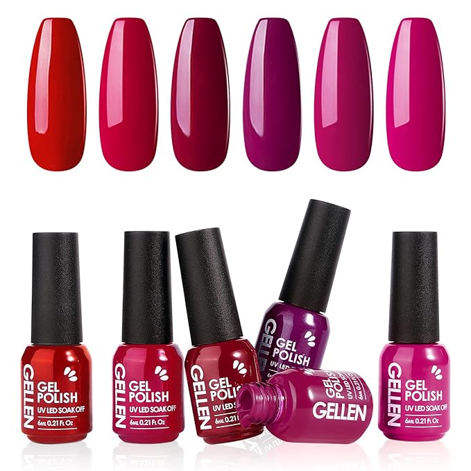 GELLEN Gel Nail Polish, Burgundy Dark Red Purple Gel Polish Set 6 Colors, Non Toxic No Wipe Soak Off UV Light Gel For Women Girls Manicure Home Salon Trendy Nail Gifts Valentine Day Christmas