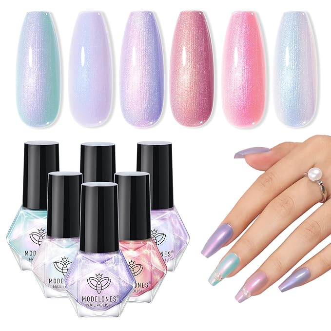 modelones Nail Polish Set, 6 Colors Chrome Pearl Shimmer Pink Purple White Aurora Iridescent Green Quick Dry Nail Polish Kit Gifts for Women 2025 Salon DIY Manicure Kit