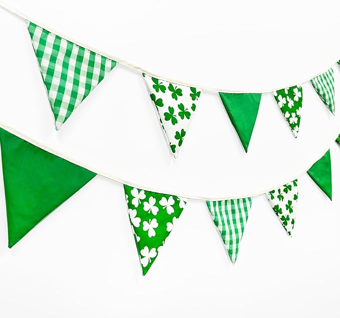 2 Sets of Shamrocks Nursery Garland 20Pcs Green Plaid Clover Pennant Banner Flags Fabric Linen Triangle Streamers for St Patrick's Day Party Decorations Spring Birthday Baby Shower Baby Bedroom Decor
