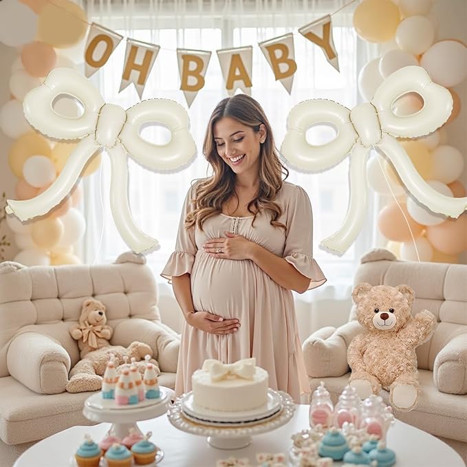 4 Pcs Bow Birthday Decorations Cream Bow Balloons for Girl Women Bow Themed Party Decorations Giant Foil Beige Balloons for Birthday Baby Shower Gender Reveal Wedding Decor Party Supplies