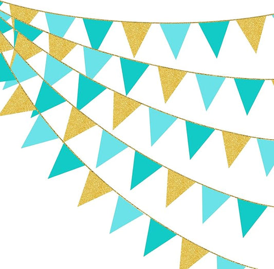 Teal Aqua Blue and Gold Party Decorations Pennant Banner Flag Hanging Glitter Paper Triangle Bunting for Baby Shower Birthday Graduation Bridal Shower Wedding Engagement Turquoise Party Decor Supplies