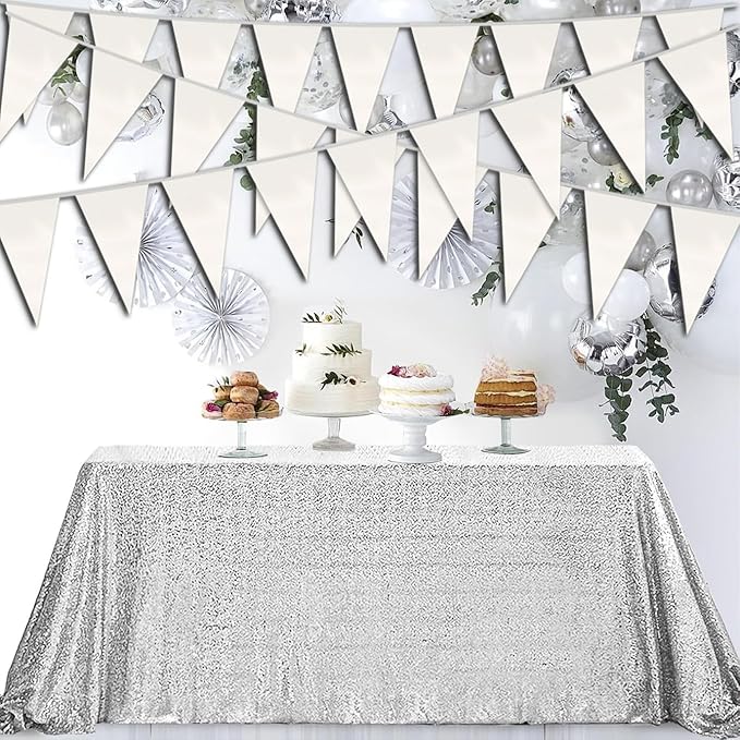 20M/65FT White Triangle Pennant Banner Flag Metallic Fabric Bunting Garland for Christmas Graduation Wedding Engagement Anniversary Bachelorette Birthday Bridal Shower Valentines Hen Party Supplies