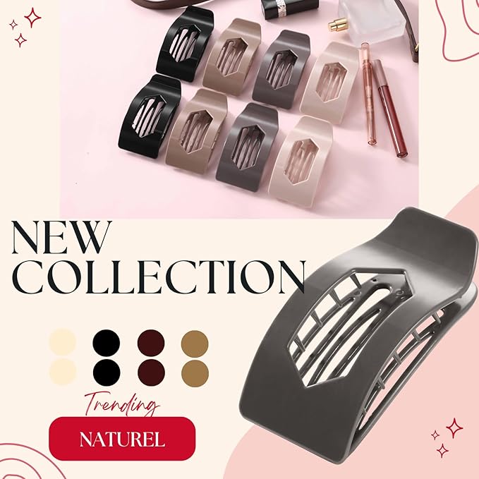 8 Pack Neutral Flat Hair Clips for Women – Large Glossy No-Slip Rectangle Claw Clips Thick & Thin Hair in Black, Blonde and Brown, Strong Hold Square Hair Accessories for Work or Daily Wear