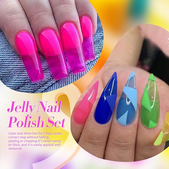 Born Pretty Neon Jelly Nail Polish Set, 6 Colors Halloween Ice Jelly Neon Nail Polish Quick Dry Fingernail Polish Kit Crystal Transparent Hot Pink Yellow Green Blue Nail Lacquer Glossy Polish Set