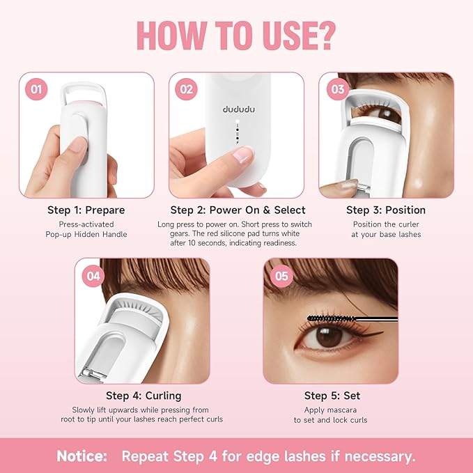 DUDUDU Heated Eyelash Curler, Portable Travel-Size Mini Electric Heated Lash Curler - 2-Level Adjustable Temp & Type-C Recharge, 10S Heat 3S Style 24H Lift for Long-Lasting Natural Effortless Curves