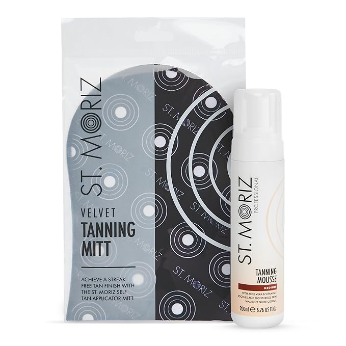 St. Moriz Professional Medium Self Tanner Mousse with Tanning Mitt Bundle - 200ml - Sunless Instant Self Tanning Foam for a Golden, Natural Looking Fake Tan - Moisturizing Aloe Vera & Vitamin E