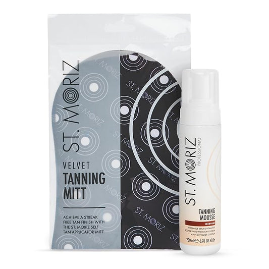 St. Moriz Professional Medium Self Tanner Mousse with Tanning Mitt Bundle - 200ml - Sunless Instant Self Tanning Foam for a Golden, Natural Looking Fake Tan - Moisturizing Aloe Vera & Vitamin E