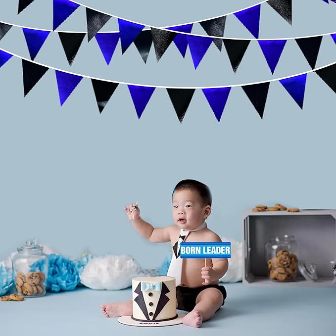 Royal Blue Black Party Decorations Navy Black Metallic Fabric Triangle Pennant Banner Flag Bunting Garland for Graduations Birthday Retirement Wedding Bachelorette Nautical Outdoor Party Supplies