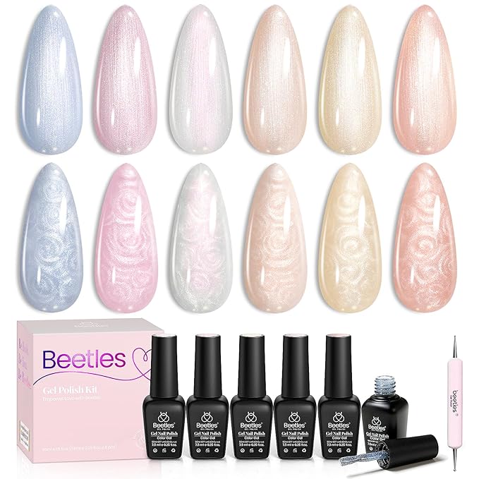 Beetles Pearl Gel Nail Polish – Glitter Silk 6 Colors Gel Polish Set, Pastel Pink White Orange Blue Colors Shimmer Mermaid Shell Swirl Thread Effect Soak Off UV LED Gift for Women