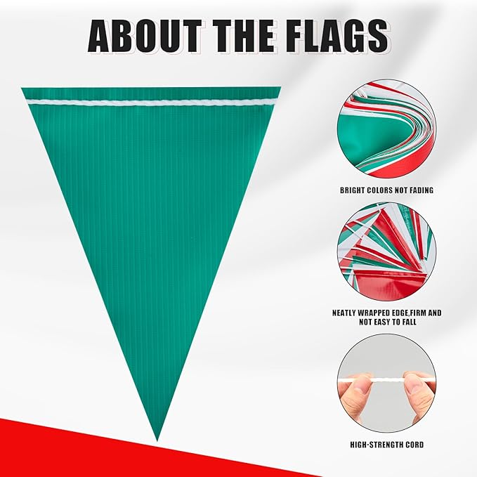 Safety Warning Pennant Banner Flags – Multipurpose OSHA High Visibility Colored Triangle Flags for Roadwork, Party and Hazard Areas(GREEN+WHITE+RED,45Pcs,105FT)
