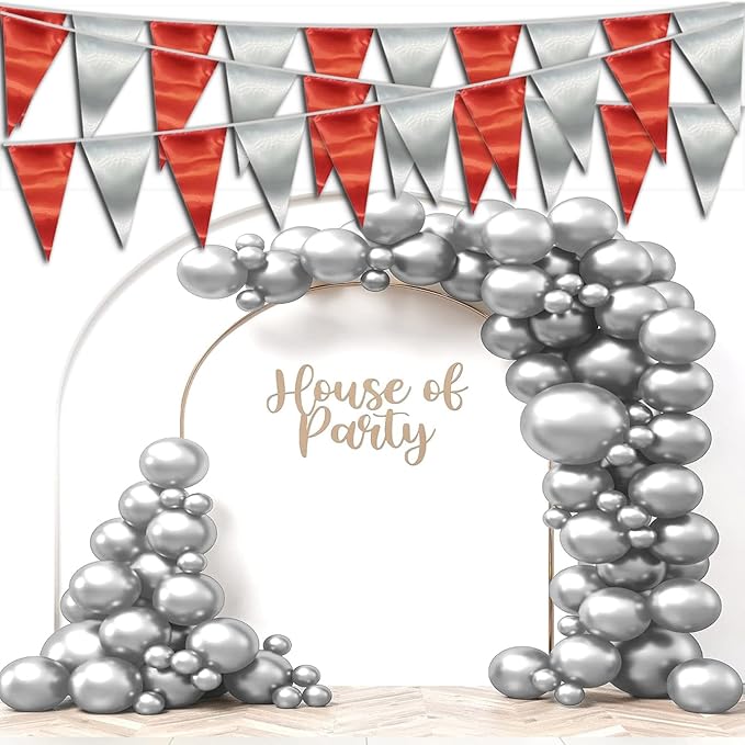 65FT Red Silver Triangle Pennant Banner Flag Metallic Fabric Bunting Garland for Christmas Graduation Wedding Engagement Anniversary Bachelorette Birthday Bridal Shower Valentines Hen Party Supplies