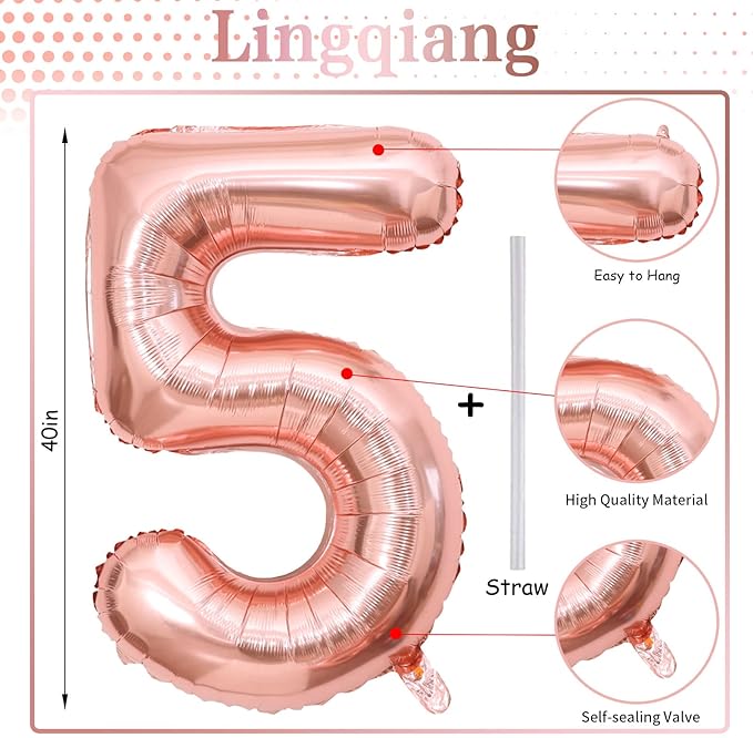 40 Inch Rose Gold Large Numbers Balloons 5, Self Inflating Digit 5 Helium Balloons for 5th Girls, Foil Mylar Big Number Balloons Set 0-9 for Women Birthday Party Anniversary Supplies Decorations