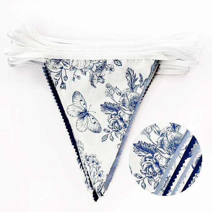32Ft Blue Floral Party Decorations Vintage Blue White Flower Pennant Banner Fabric Triangle Flag Garland Streamers for Floral Wedding Porcelain Birthday Baby Bridal Shower Garden Tea Party Decor