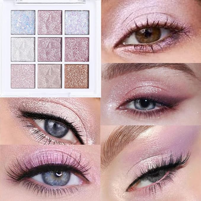 Glitter Shimmer Eye Shadow Palette Makeup,Pink White Purple Sparkle Warm Pastel 9 Colors Eye Shadow Palette,Nude White Eyeshadow Palette Colorful Long Lasting Waterproof Naturing-Looking