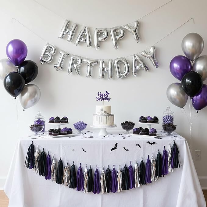Black,Purple and Silver Tassel Garland,Paper Tassel Banner,Table Decor,Purple,Black and Silver Tissue Tassels Party Decor Supplies for Party,DIY Kits - (15 PCS)