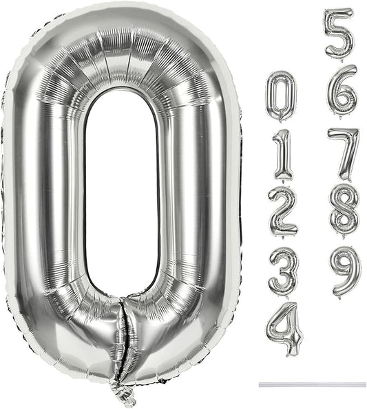 40 Inch Silver Foil Balloon Number 0, Giant Self Inflating Number Balloons 0-9 for Men Women, Digital 0 Helium Balloons Set for Girls Boys 4th Birthday Anniversary New Year Party Decorations Supplies