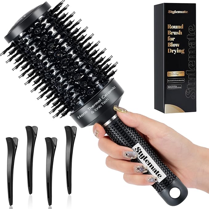 Round Brush, (Barrel 1.7 Inch, 45mm) Nano Thermal Ceramic & Ionic Tech Round Barrel Roller Hair Brush with Boar Bristles for Blow Drying-Black