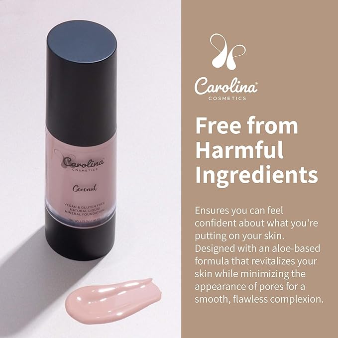 Carolina Cosmetics - Foundation in Coconut Shade Plant-Based - Hydrating, Pore-Minimizing & Buildable Coverage - Vegan, Non-GMO, Paraben-Free - 1oz