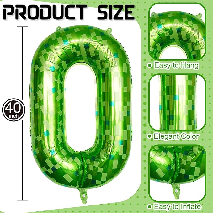 40 Inch Lime Green Pixel Number 0 Balloon for 10th Birthday Decoration, Large Dark Kelly Green Foil 0 Balloons for Boys Ten Year Old Birthday Video Game Forest Golf Theme St. Patrick's Day Party