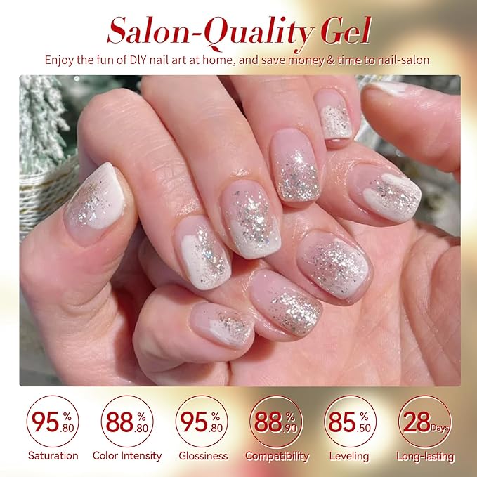 Born Pretty Christmas Red Gel Nail Polish Set,6 Colors Christmas Burgundy Blood Red Glitter Snowflake White Gold Silver Sparkle Nail Gel Kit Soak Off U V Nail Gel Polish Nail Art Home Diy Manicure