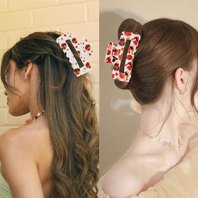 Thanksgiving Hair Claw for Women - 2PCS Turkey Maple Clips Square Large Teeth for Thick and Thin Hair Strong Hold Jar Accessory for Thanksgiving Day Fall Autumn