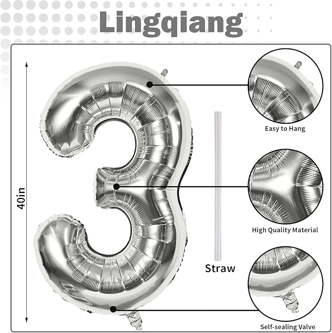 Silver 3 Balloons, 40 Inch Giant Helium Foil Number 0-9 Silver 3rd Birthday Balloon for Boys Girls, Self Inflating Digit 3 Balloons for Women Men Anniversary New Year Party Decorations Supplies