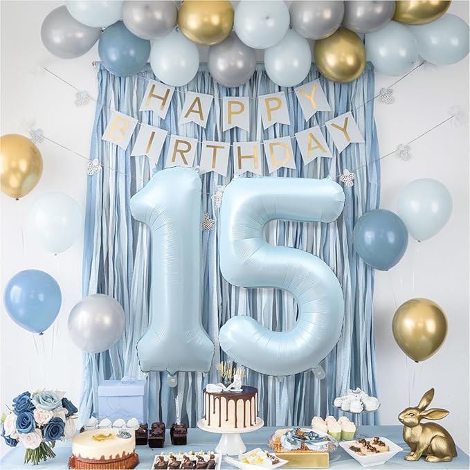 15th Birthday Balloons for Boys, 40'' Foil Self Inflating Light Baby Matte Blue Number 15 Balloon, Pastel Sky Blue Large Helium Mylar 15 Balloon Number for Birthday Party Decor Anniversary Decorations