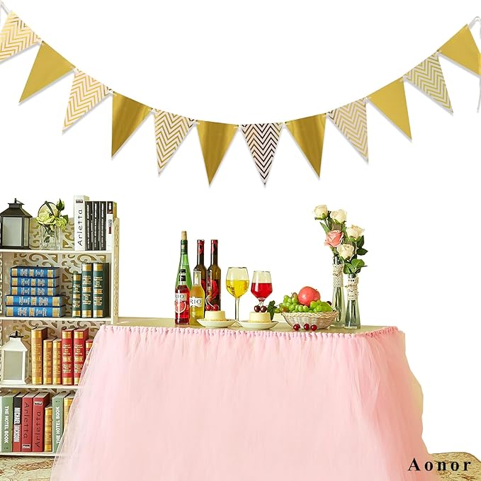 Sparkly Paper Pennant Banner Triangle Flags Bunting 8.2 Feet and Tissue Paper Tassels Garland 15 pcs for Baby Shower, Birthday Party Decorations, Metallic Gold