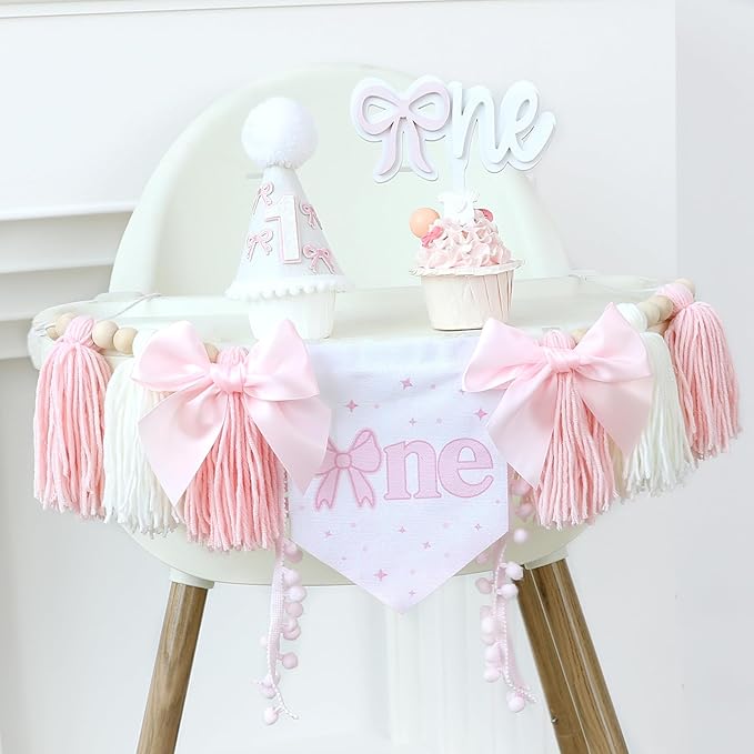 Pink Bow 1st Birthday Highchair Banner Decorations Wood Bead Tassel Garland Cone Hat Wooden Cake Topper For Baby Girls