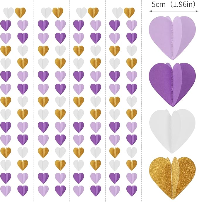 Purple-Gold Party-Decorations 3D Heart Garland - 39Ft White Purple Lavender Graduation Hanging Paper Streamers Banner, Women Birthday Wedding Engagement Baby Bridal Shower Decor Ouruola