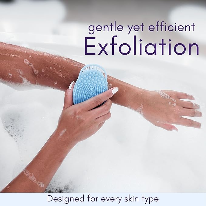Avilana Silicone Body Scrubber - Food Grade & Lab Tested, Gentle Exfoliating Shower Brush for All Skin Types, Hygienic Quick-Dry Loofah Alternative (Blue, Exfoliate-Silver)