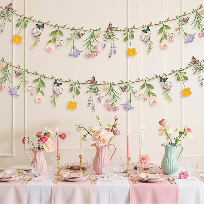 2PCS Flower Banner Reusable Wildflower Garland Floral for Spring Party Enchanted Garden Theme Picnic Wedding Baby Shower Birthday Tea Party Christmas Valentine's Day Supplies Home Decorations