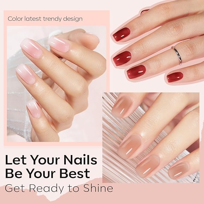 modelones Jelly Nail Polish of 6 Colors Sheer Nude Mini Nail Polish Set Natural Jelly Red Pink Brown Colors Quick Dry Fingernail Polish for DIY Fall Winter Nail Art Salon Home Gift for Women Girl