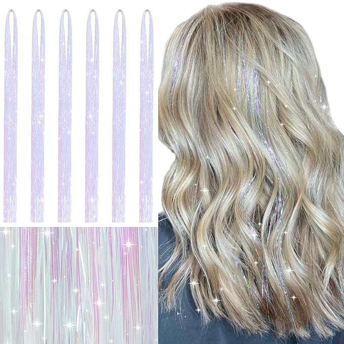 WENNALIFE Hair Tinsel for Girls, Bright White Fairy Kit 1200 Strands 6PCS 48 Inch Heat Resistant Glitter Tinsel Hair Extensions Kit Christmas Feathers Sparkle Strands